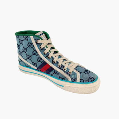 Gucci Tennis 1977 High Top Sneakers Blue GG Canvas Size 37