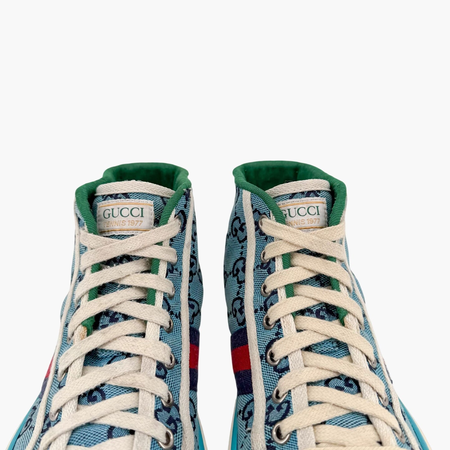 Gucci Tennis 1977 High Top Sneakers Blue GG Canvas Size 37