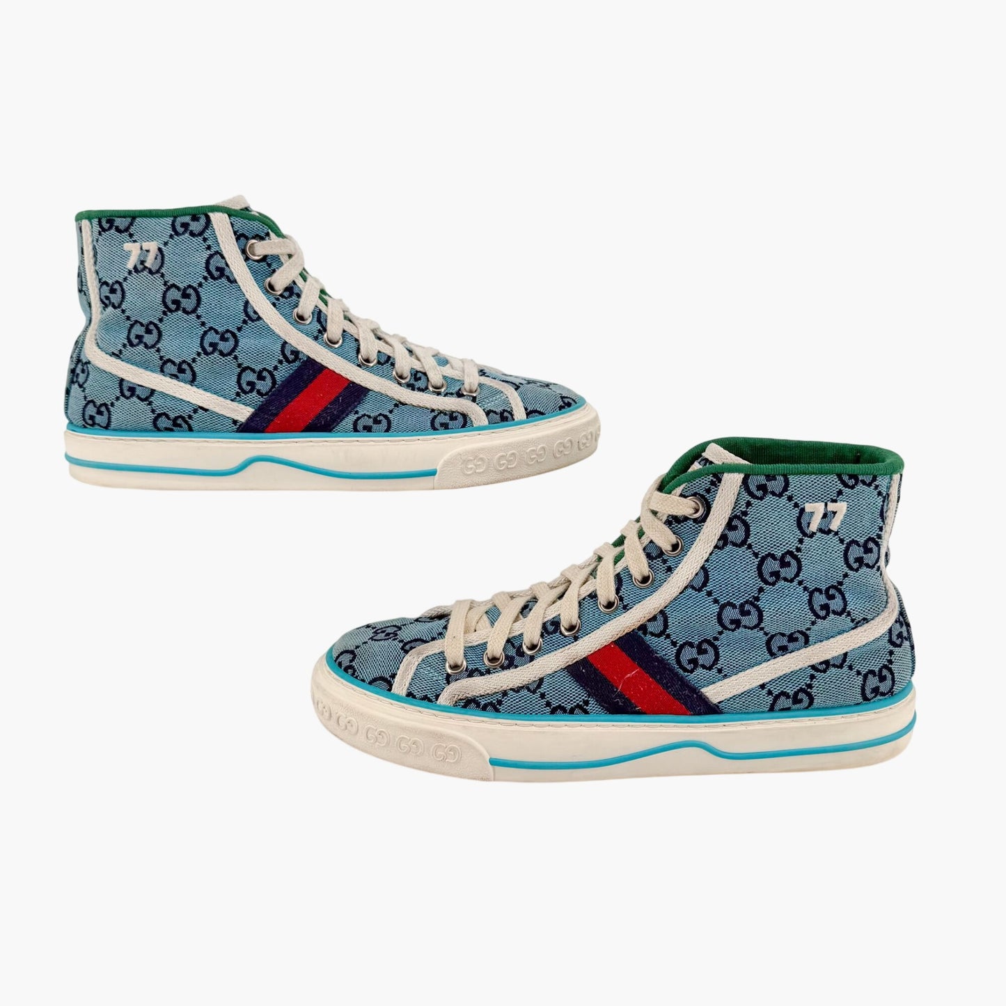 Gucci Tennis 1977 High Top Sneakers Blue GG Canvas Size 37