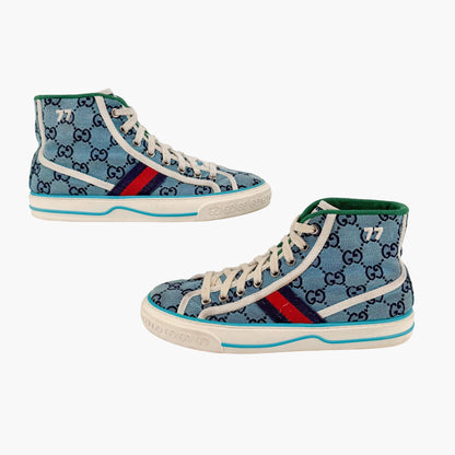 Gucci Tennis 1977 High Top Sneakers Blue GG Canvas Size 37
