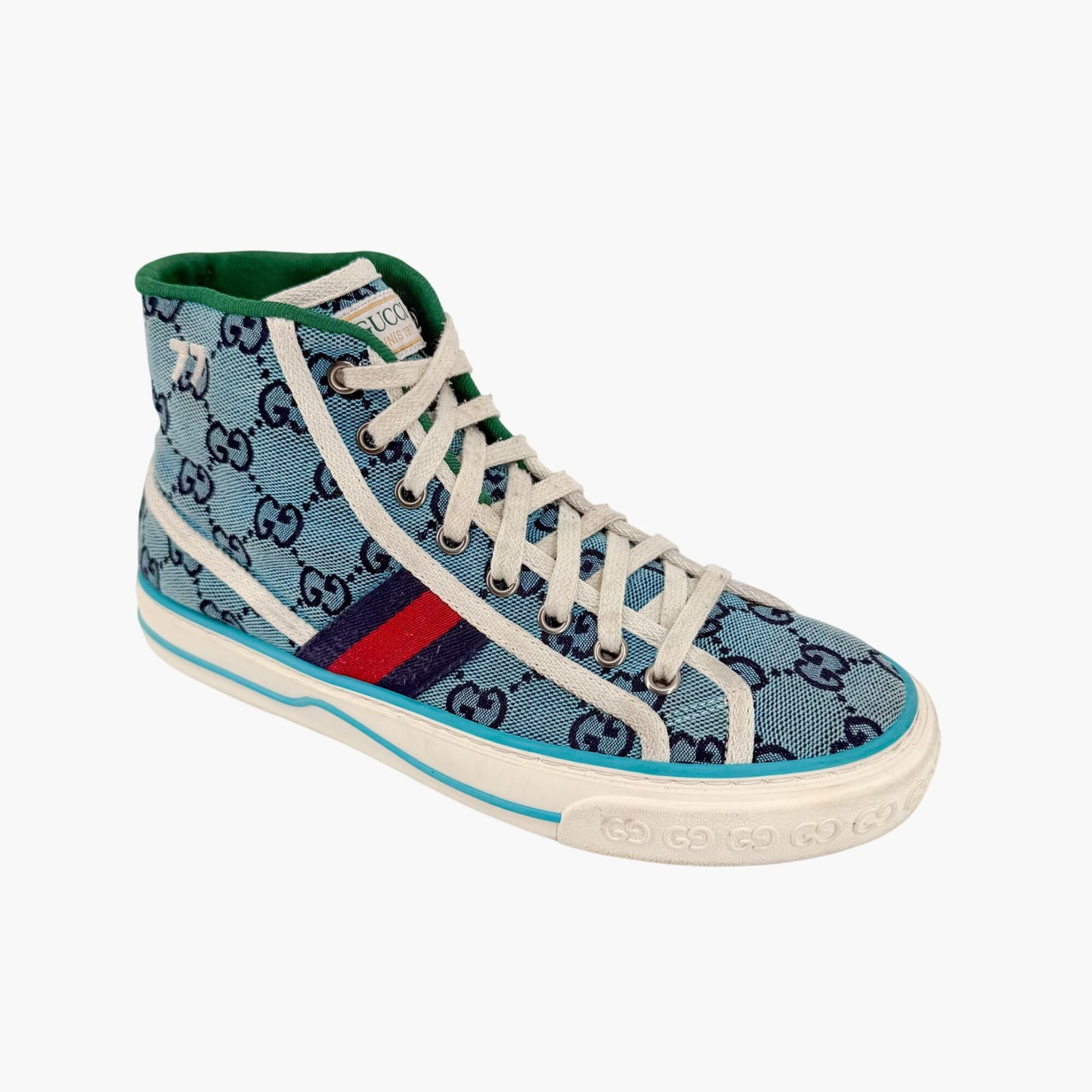Gucci Tennis 1977 High Top Sneakers Blue GG Canvas Size 37