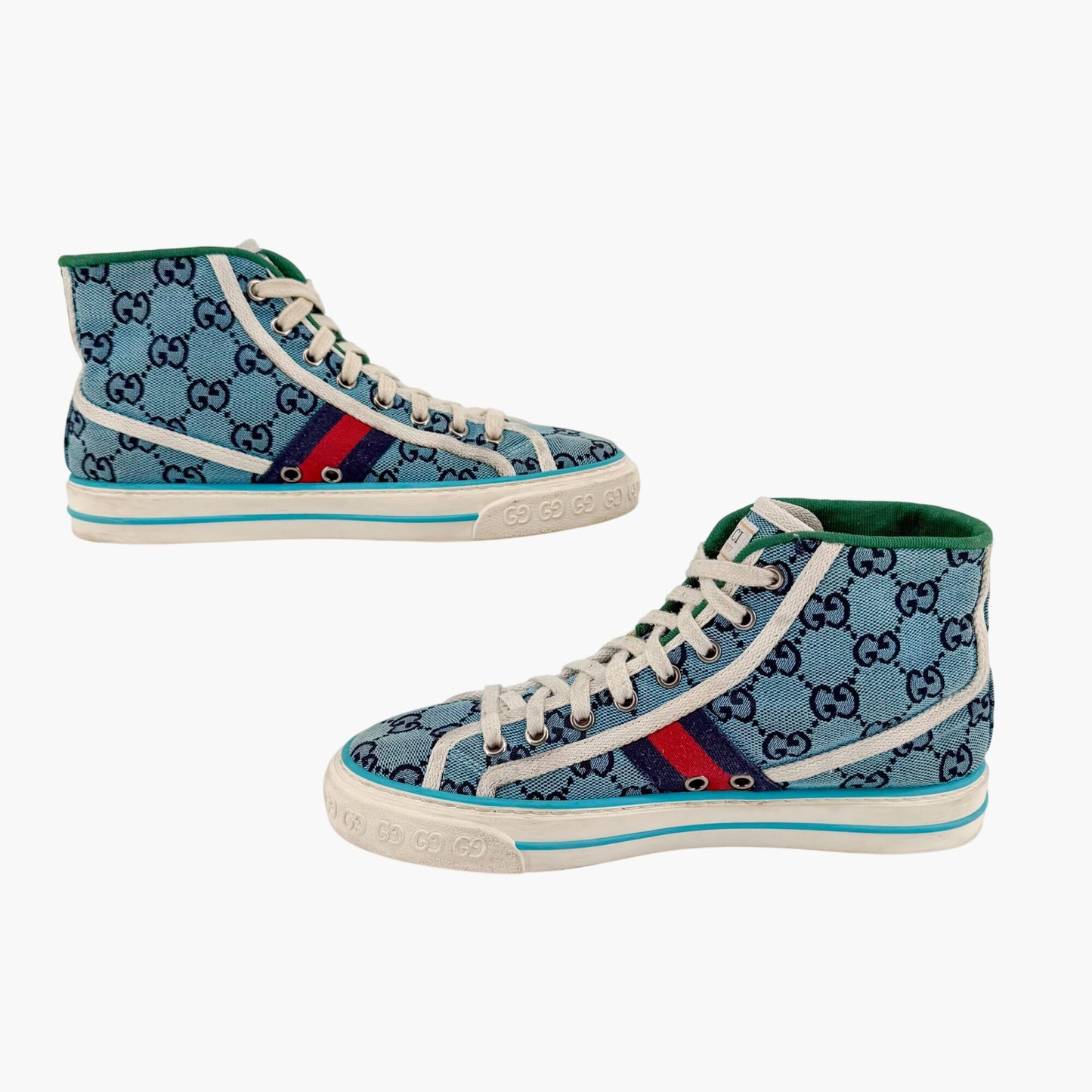 Gucci Tennis 1977 High Top Sneakers Blue GG Canvas Size 37