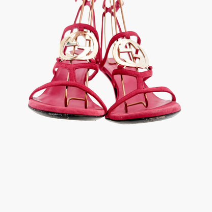 Gucci GG Strappy Heeled Sandals in Cerise Pink Suede Size 38