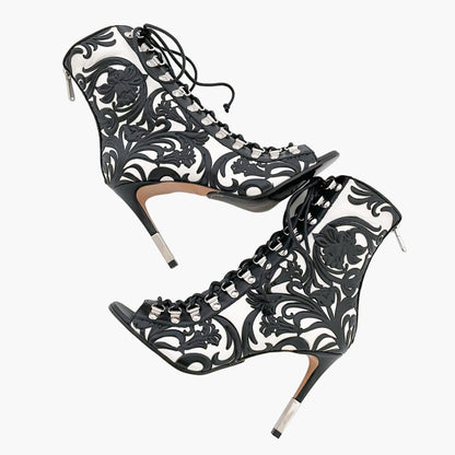 Balmain Lace Up Booties in Black & White Floral Leather Size 38.5