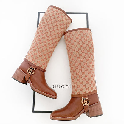 Gucci Lola Riding Boots in Brown Leather / Tan GG Canvas Size 38.5