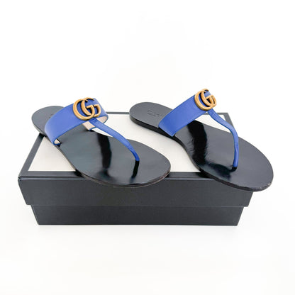 Gucci Marmont GG Thong Sandals in Electric Blue Leather Size 39