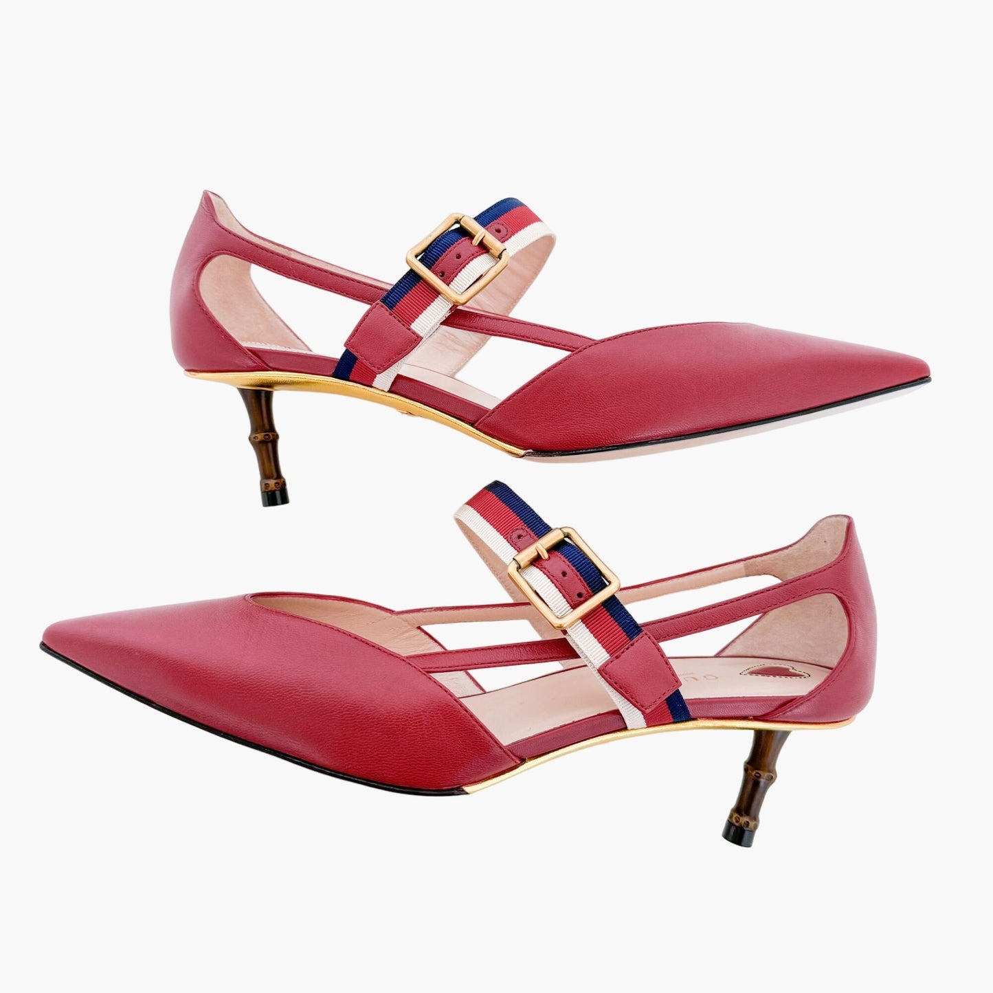 Gucci Unia Web Stripe Mary Jane Pumps in Red Leather Size 39