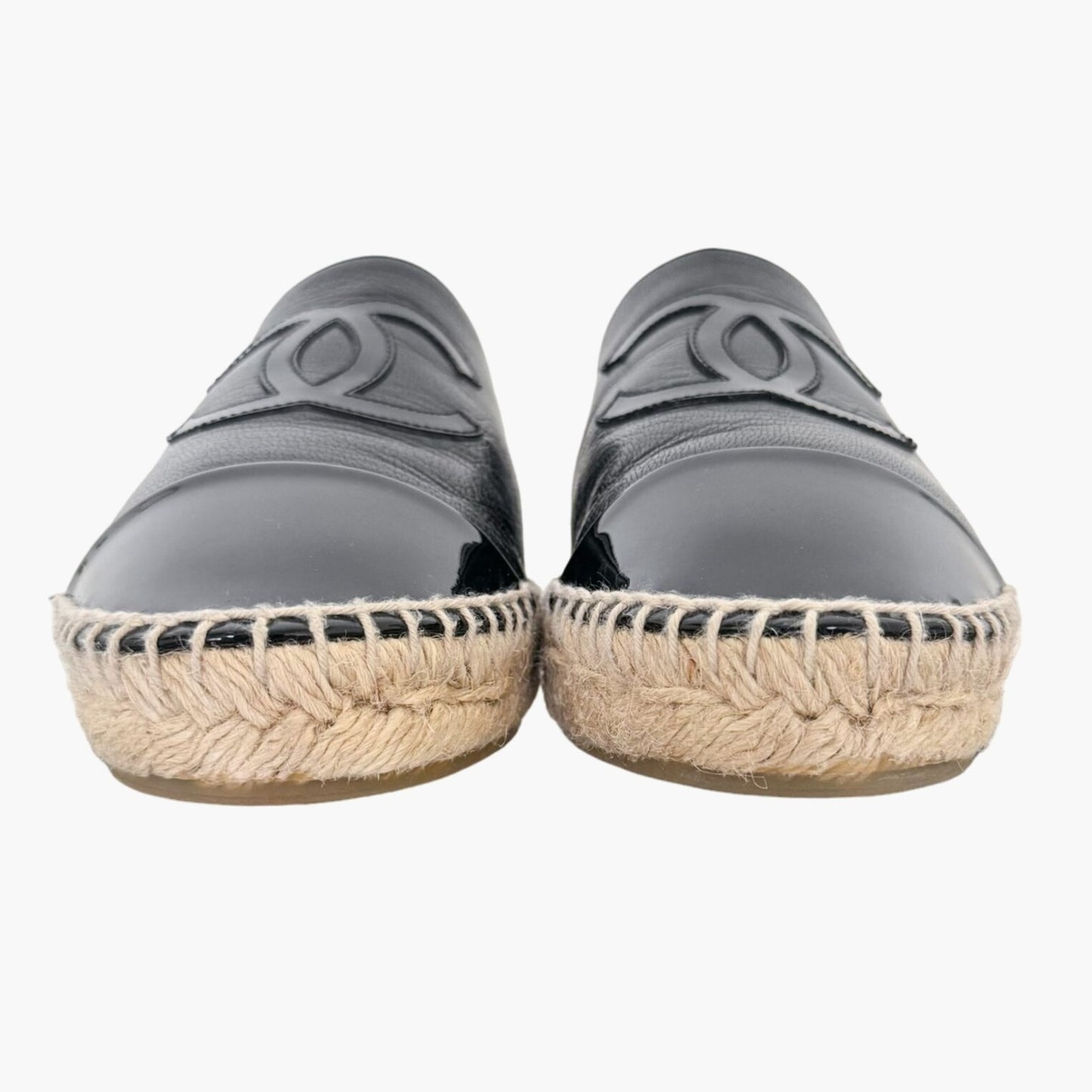 Chanel CC Espadrille Mule Flats in Black Leather Size 37