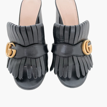 Gucci Marmont Fringe Mules in Black Leather Size 36.5