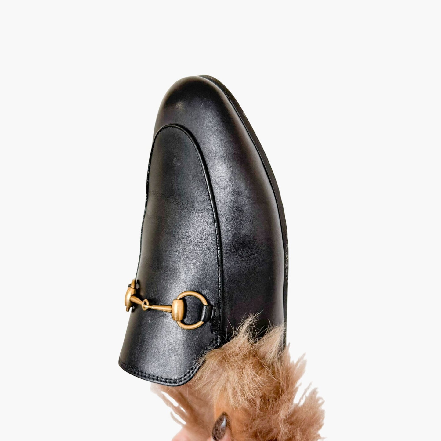 Gucci Princetown Horsebit Fur-Lined Mule in Black Leather Size 38