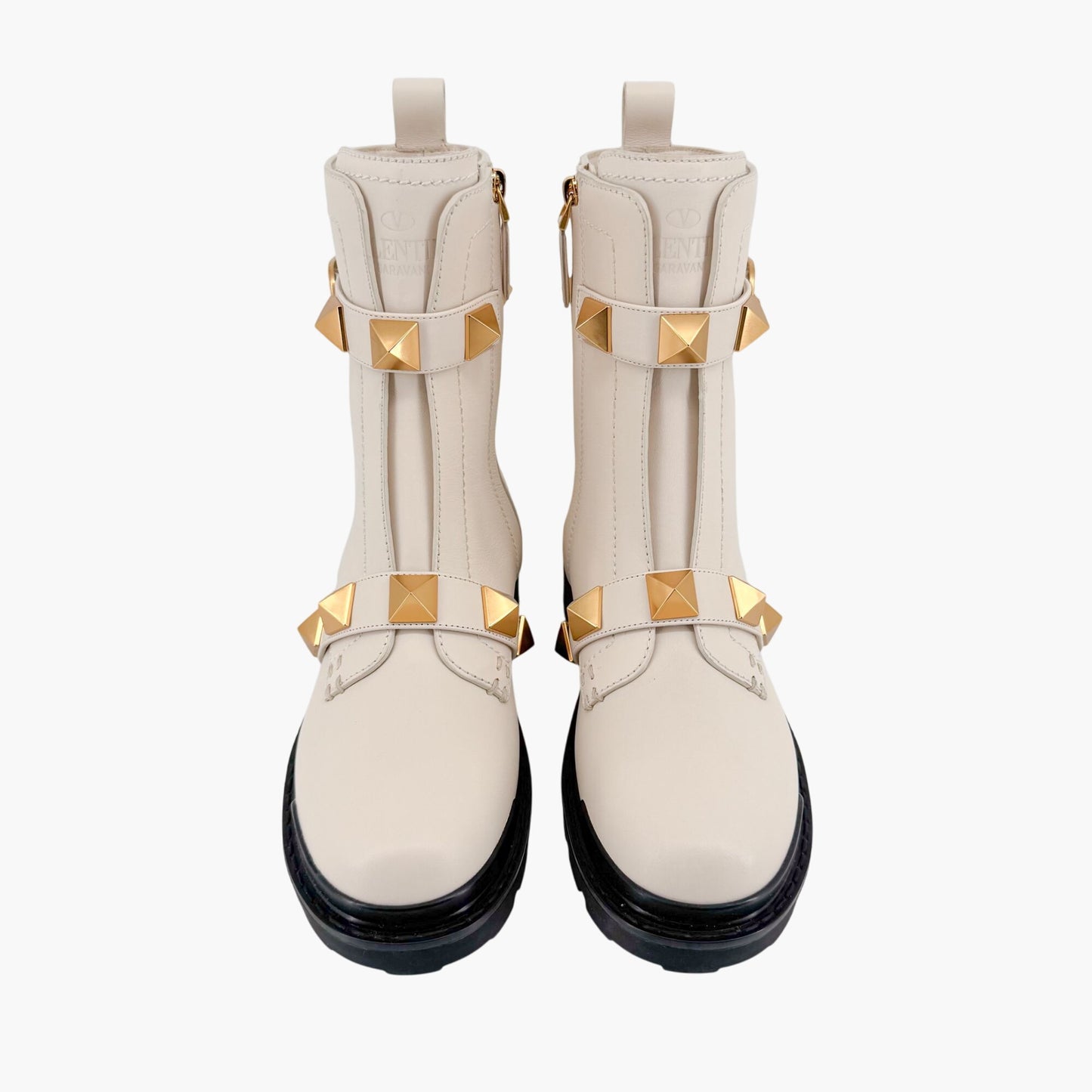 Valentino Garavani Roman Stud Combat Boots in White Leather Size 37