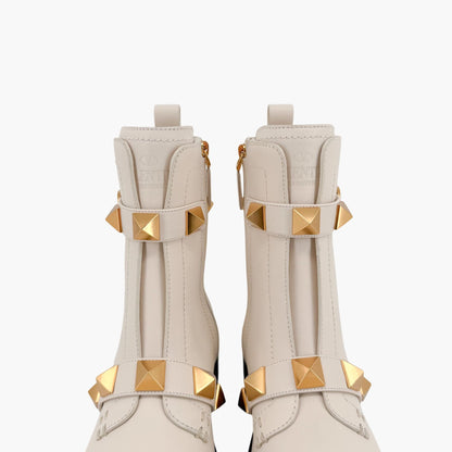 Valentino Garavani Roman Stud Combat Boots in White Leather Size 37