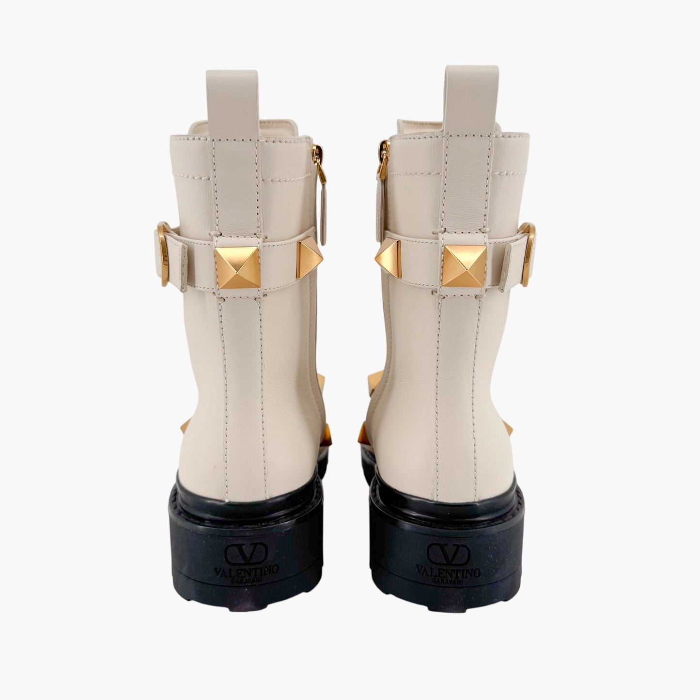 Valentino Garavani Roman Stud Combat Boots in White Leather Size 37