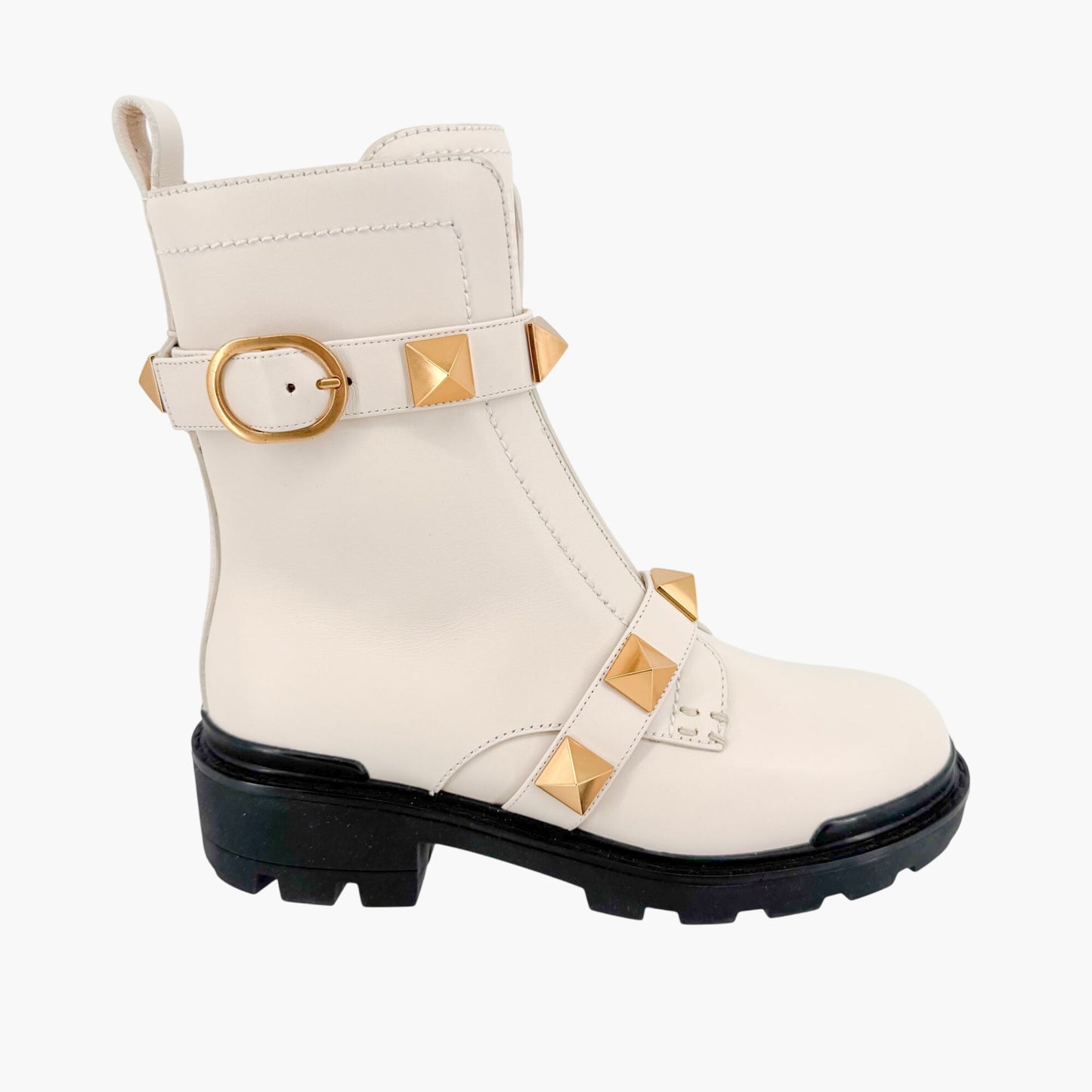 Valentino Garavani Roman Stud Combat Boots in White Leather Size 37