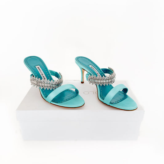 Manolo Blahnik Sako Crystal Sandals in Blue Satin Size 37.5