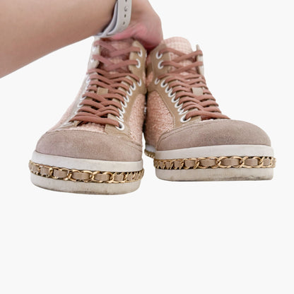 Chanel High Top Chain Sneakers in Light Pink Tweed Size 37.5