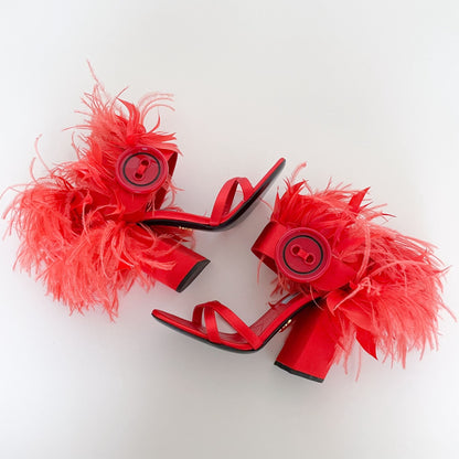 Prada Feather-Trimmed Satin Sandals in Red Size 36