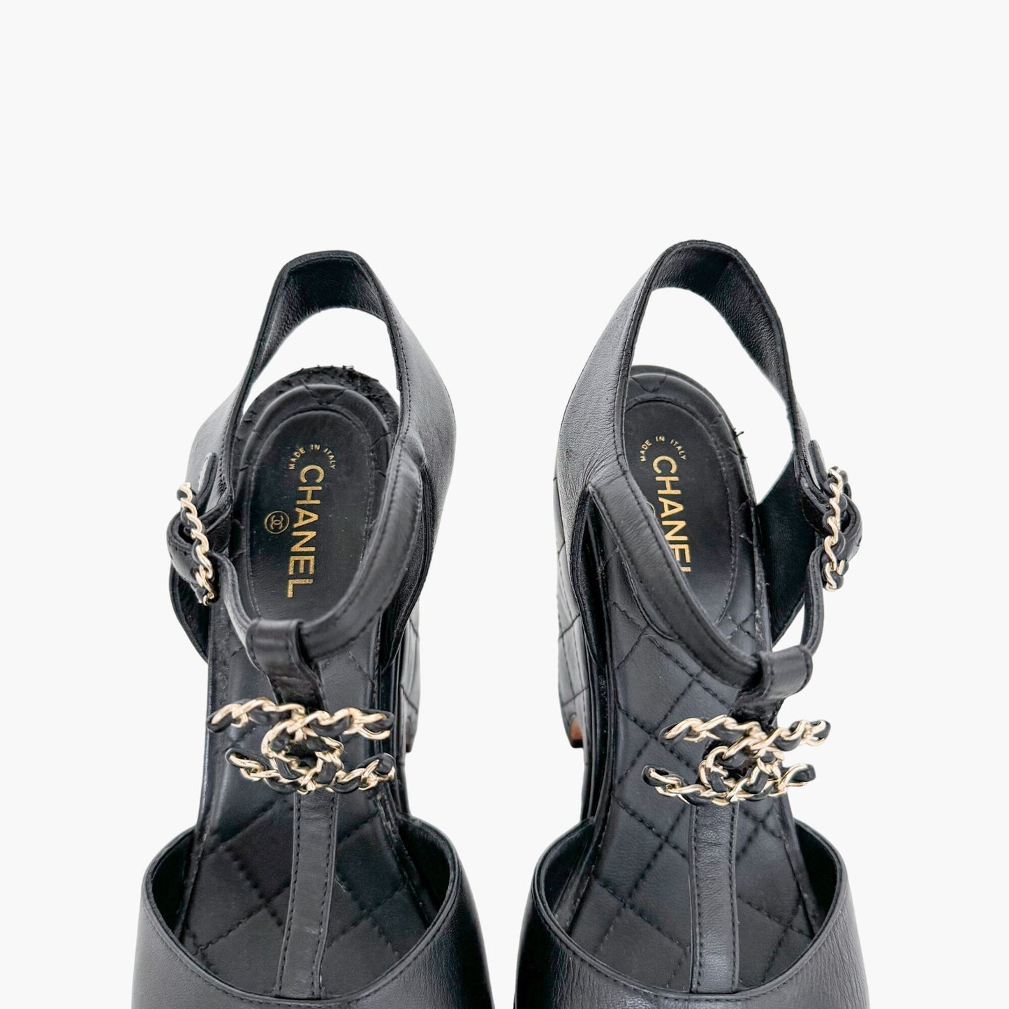 Chanel Chain CC Wedge Sandals in Black Leather Size 37.5