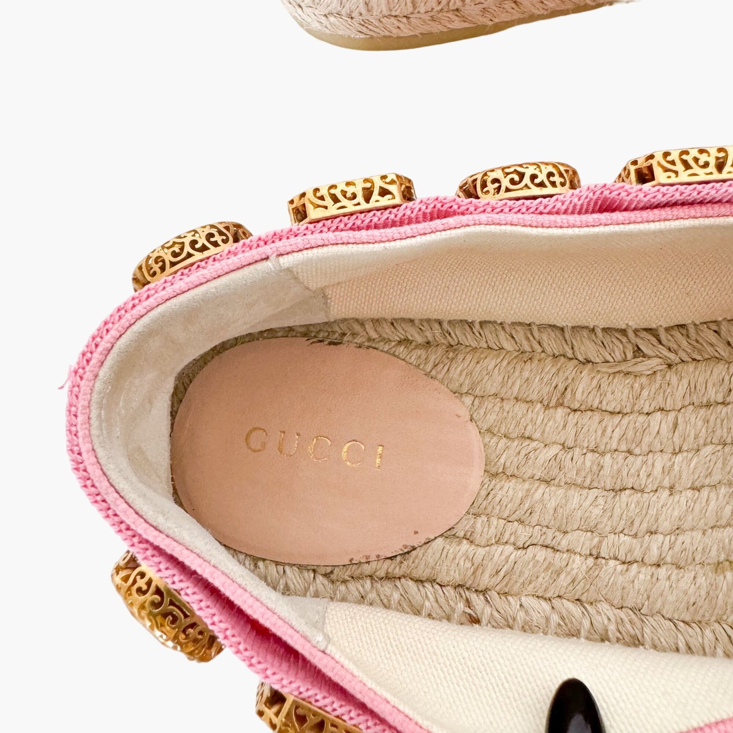 Gucci Pepita Crystal-Embellished Espadrille Flats in Pink Canvas Size 39