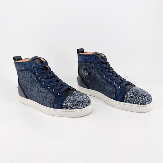 Christian Louboutin Louis Strass High Top Crystal-Embellished Sneakers in Metallic Navy Size 39