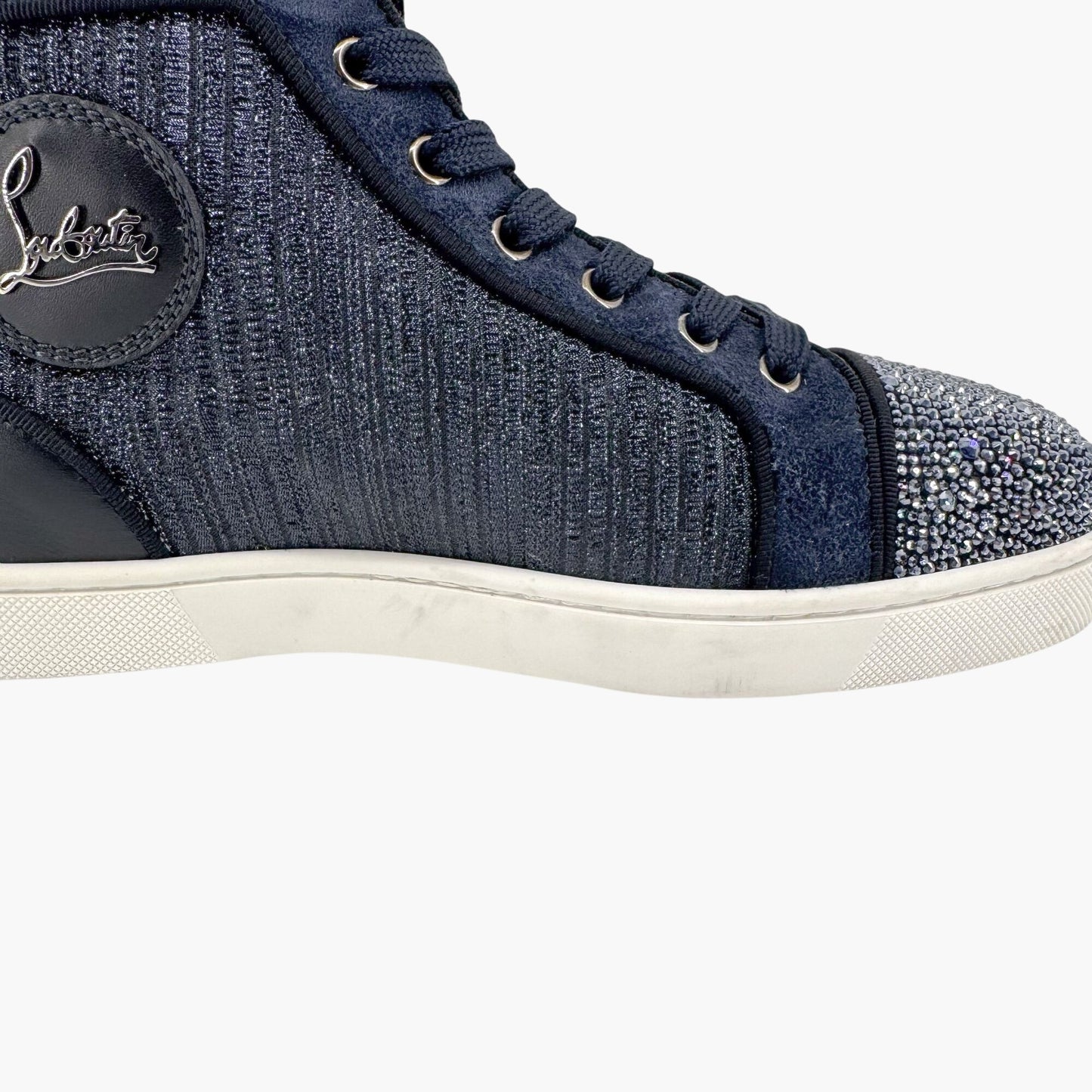 Christian Louboutin Louis Strass High Top Crystal-Embellished Sneakers in Metallic Navy Size 39
