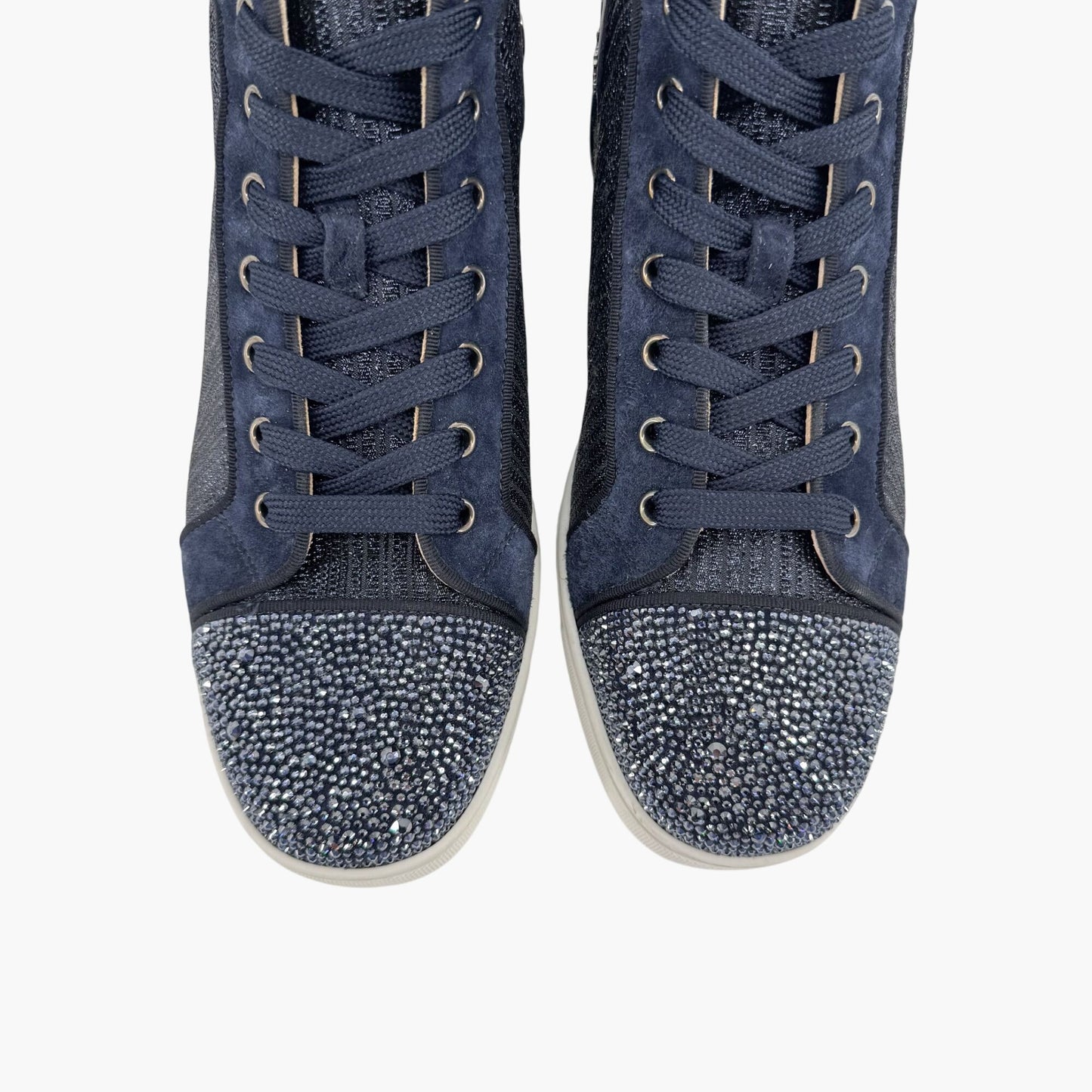 Christian Louboutin Louis Strass High Top Crystal-Embellished Sneakers in Metallic Navy Size 39