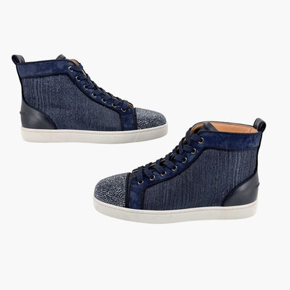 Christian Louboutin Louis Strass High Top Crystal-Embellished Sneakers in Metallic Navy Size 39