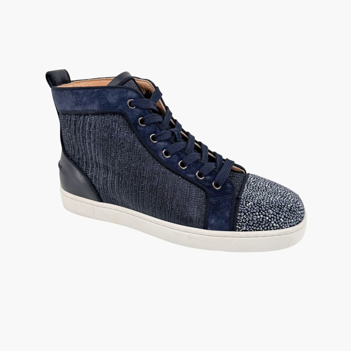 Christian Louboutin Louis Strass High Top Crystal-Embellished Sneakers in Metallic Navy Size 39
