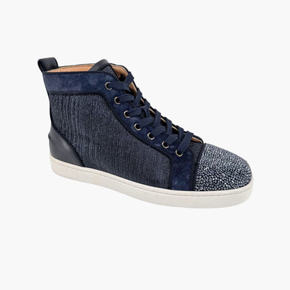 Christian Louboutin Louis Strass High Top Crystal-Embellished Sneakers in Metallic Navy Size 39