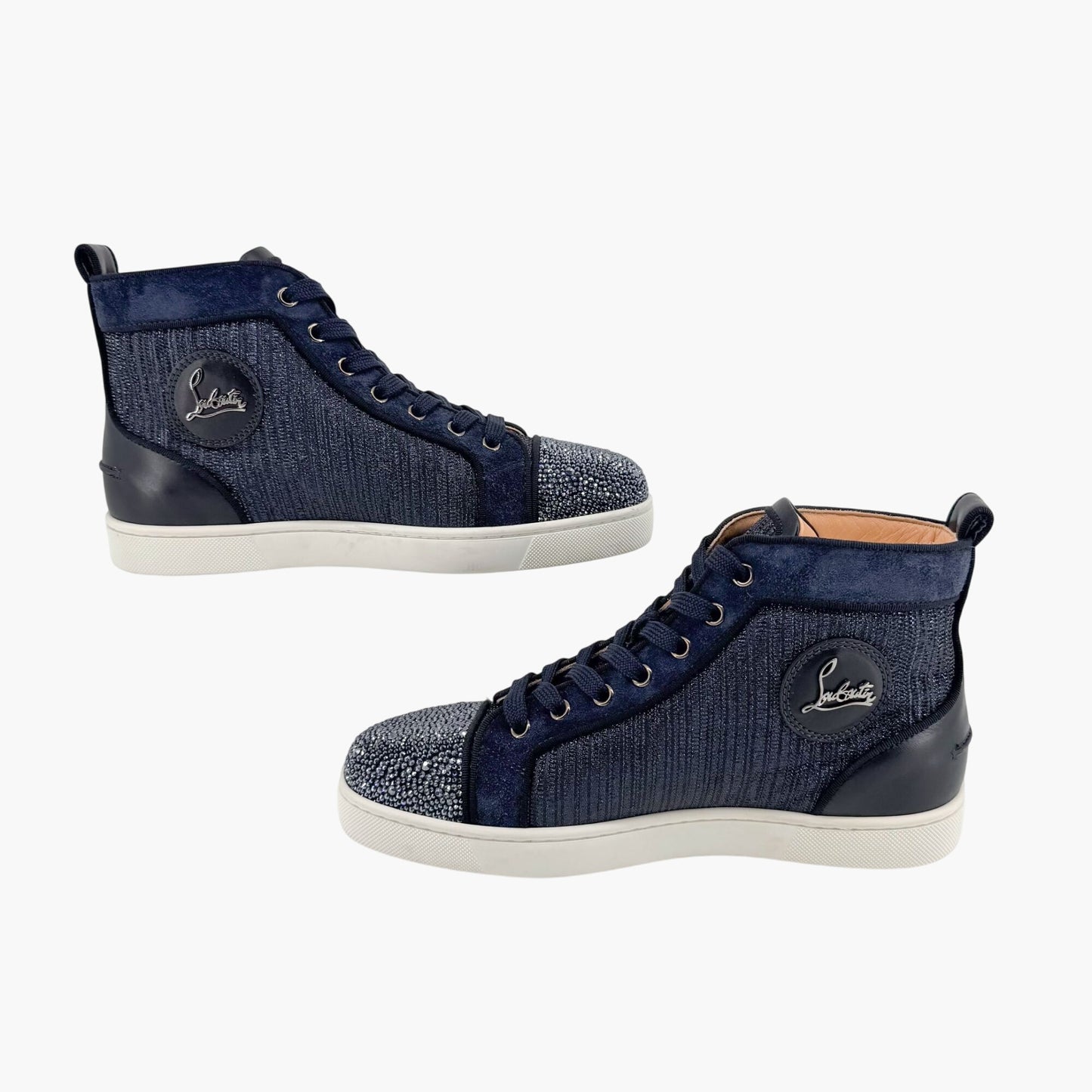 Christian Louboutin Louis Strass High Top Crystal-Embellished Sneakers in Metallic Navy Size 39