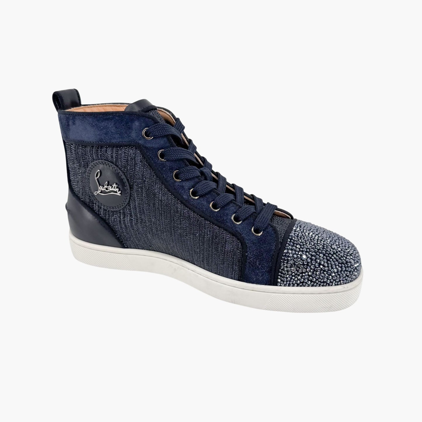 Christian Louboutin Louis Strass High Top Crystal-Embellished Sneakers in Metallic Navy Size 39
