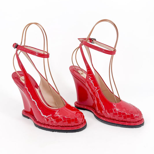 Bottega Veneta Intrecciato Wedge Heels in Red Patent Leather Size 38