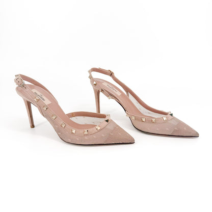 Valentino Garavani Rockstud Slingback Pumps in Beige Mesh Size 39.5