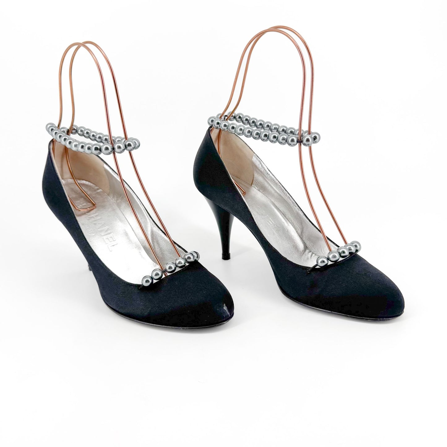 Chanel Vintage Pearl Ankle Strap Pumps in Black Satin – Size 38