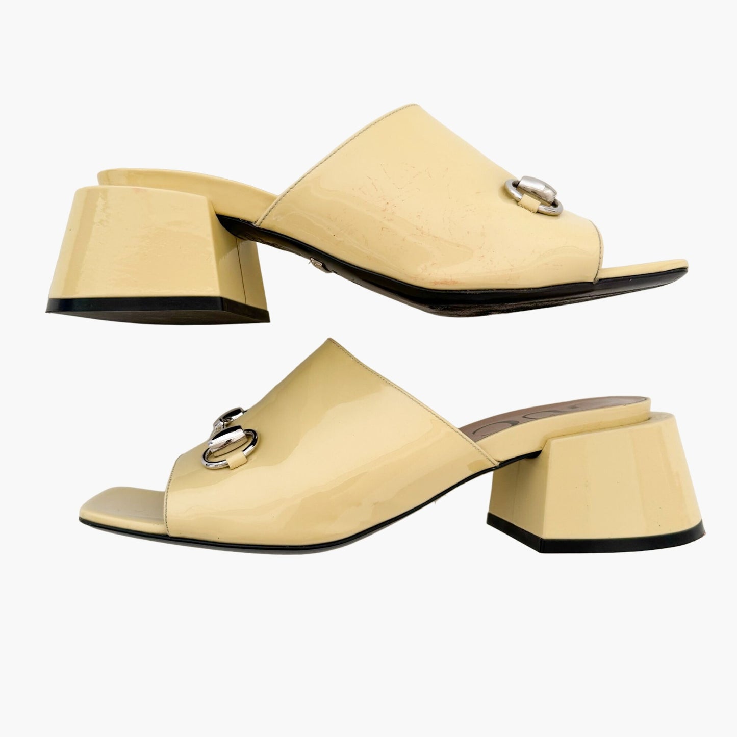 Gucci Lexi Horsebit Mules in Pastel Yellow Patent Leather Size 38