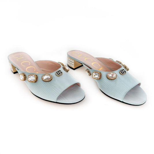 Gucci Lyric Moire Crystal-Embellished Mules in Light Blue Size 36.5