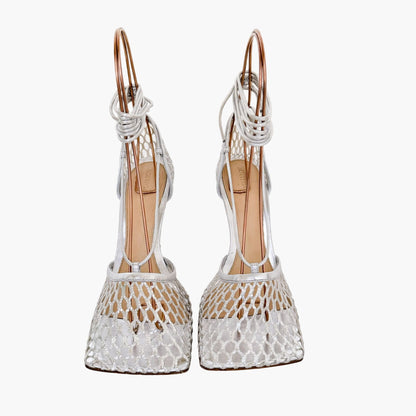 Bottega Veneta Stretch Lace-Up Sandals in Metallic Silver Size 37.5