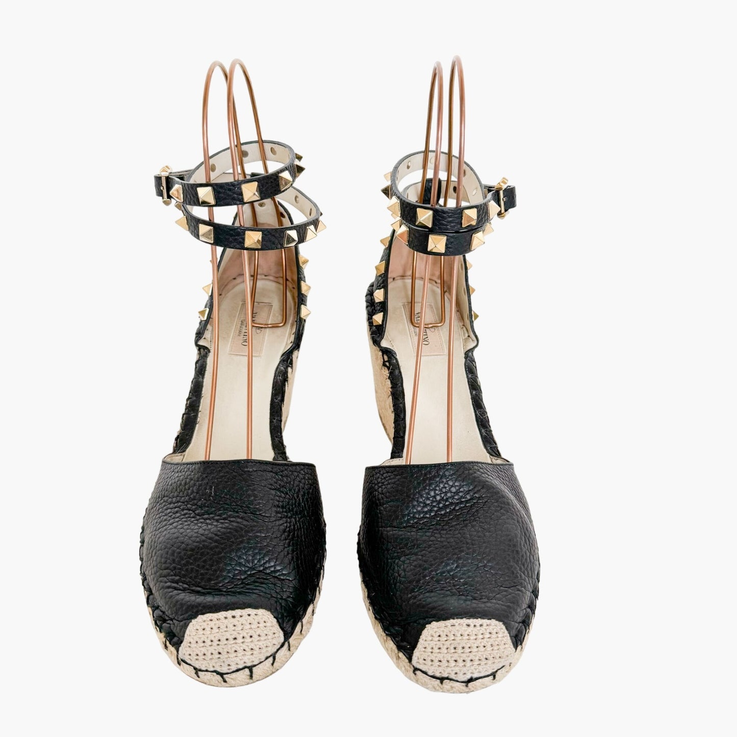 Valentino Garavani Rockstud 85 Espadrille Wedge Sandals in Black Pebbled Leather Size 41