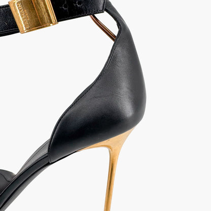 Balmain Uma Buckle Sandals Black Leather Gold Heel – Size 42