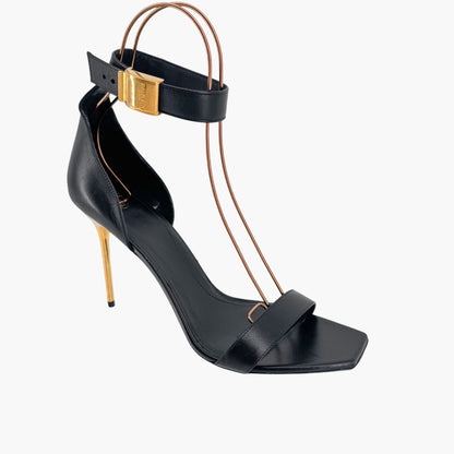 Balmain Uma Buckle Sandals Black Leather Gold Heel – Size 42