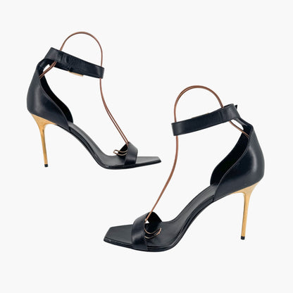 Balmain Uma Buckle Sandals Black Leather Gold Heel – Size 42