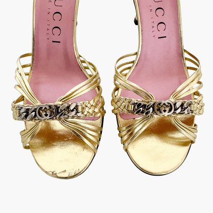 Gucci Braided Interlocking G Mules in Metallic Gold Leather Size 38