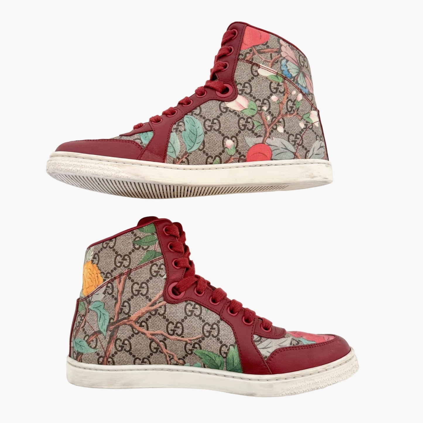 Gucci Tian High Top Sneakers in Floral GG Monogram Canvas & Red Leather Size 36