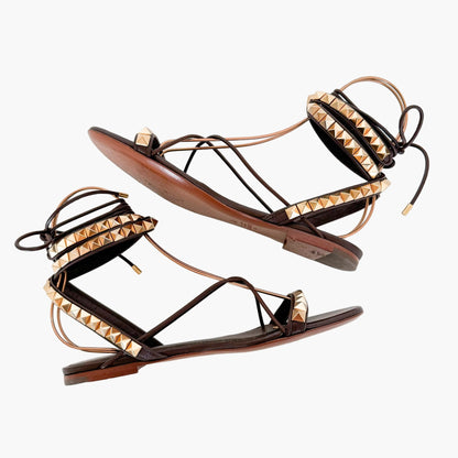 Valentino Garavani Rockstud Wrap Sandals in Brown Leather Size 38