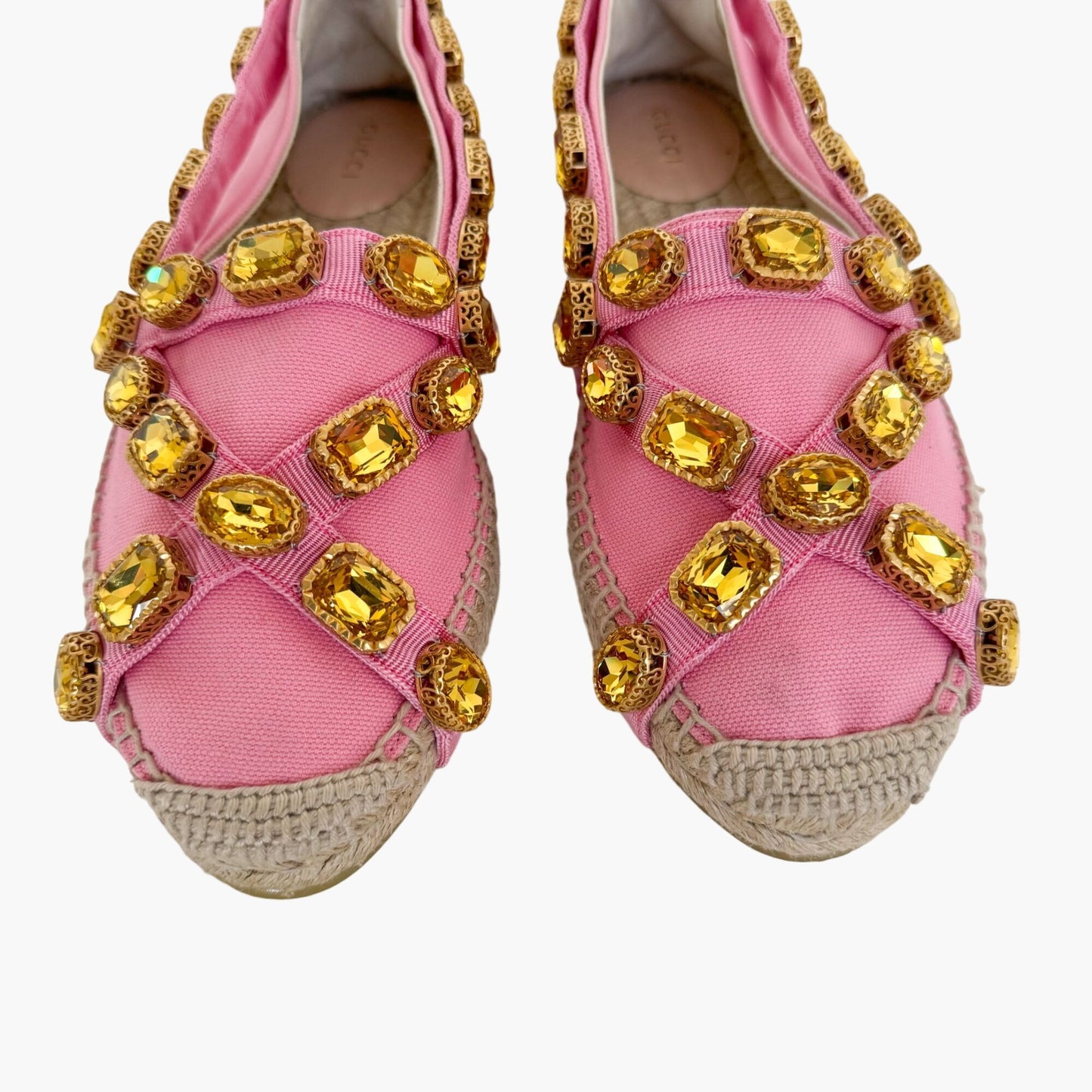 Gucci Pepita Crystal-Embellished Espadrille Flats in Pink Canvas Size 39