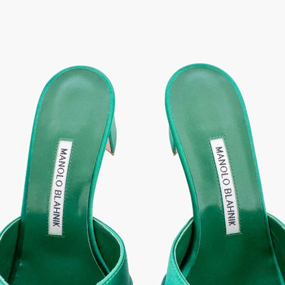 Manolo Blahnik Martanew Jewel Buckle Mules in Green Satin Size 38.5