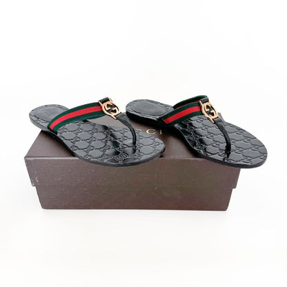 Gucci GG Web Stripe Thong Sandals in Black Size 37.5