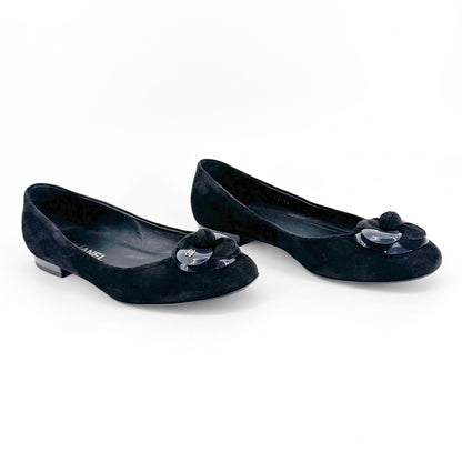 Chanel Camellia CC Ballet Flats in Black Suede – Size 38.5