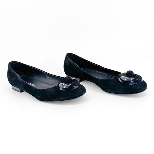 Chanel Camellia CC Ballet Flats in Black Suede – Size 38.5