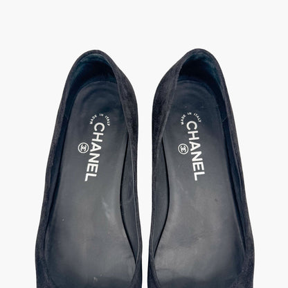Chanel Camellia CC Ballet Flats in Black Suede – Size 38.5